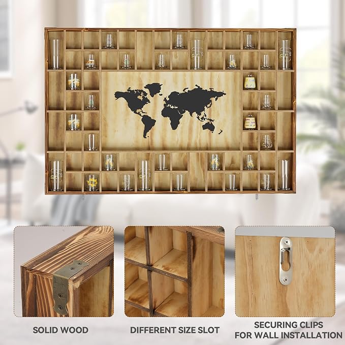68 Large World Map Shot Glass Display Case Rustic Shot Glass Holder 37x 24.4in - Image 3