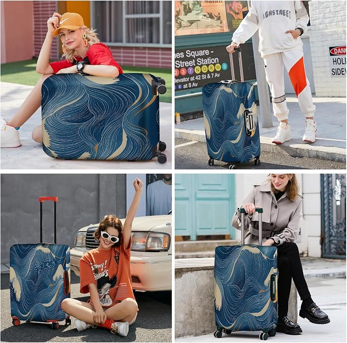 ANNA QUEEN Ocean Wave Luggage Cover, Elegant Blue Flow Line Design Suitcase - Image 7