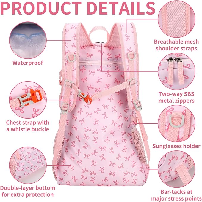 40l Foldable Pink Bow Backpack for Women Pink Waterproof Lightweight Packable - Image 4