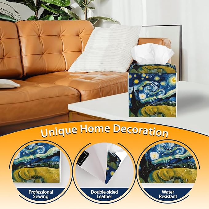 Tissue Box Cover Square, Starry Night Sky Tissue Box Holder Waterproof Leather - Image 4