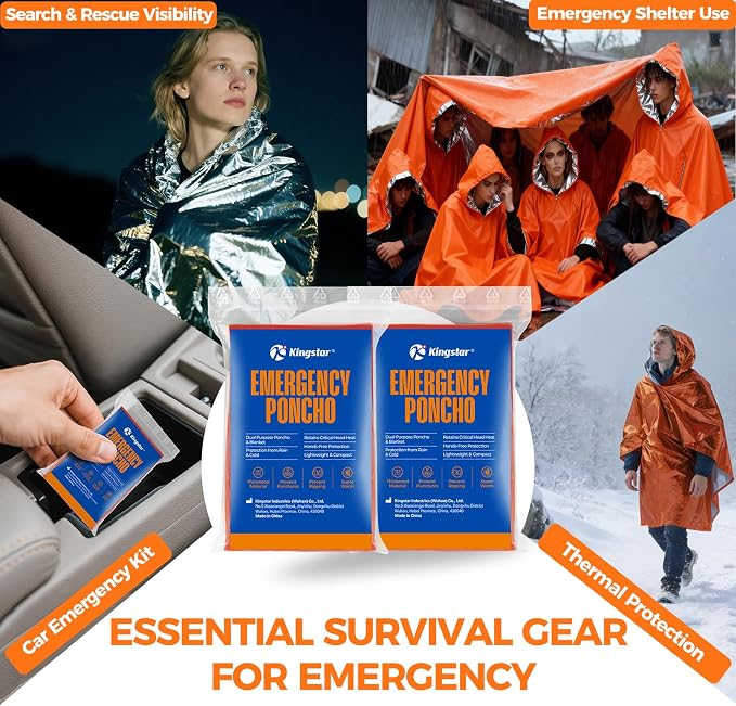 K Kingstar 2 Pack Emergency Mylar Poncho, Waterproof Rain Ponchos, Reusable - Image 7