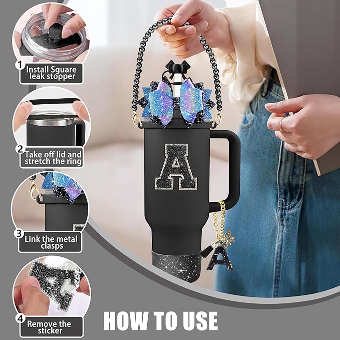 9PCS Black for Stanley Cup Accessories Set Bling Initials Bow Charms for - Image 5