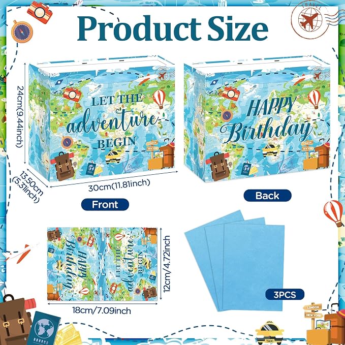 Travel World Map Birthday Gift Bag Double-Sided Let the Adventure Begin Gift - Image 4