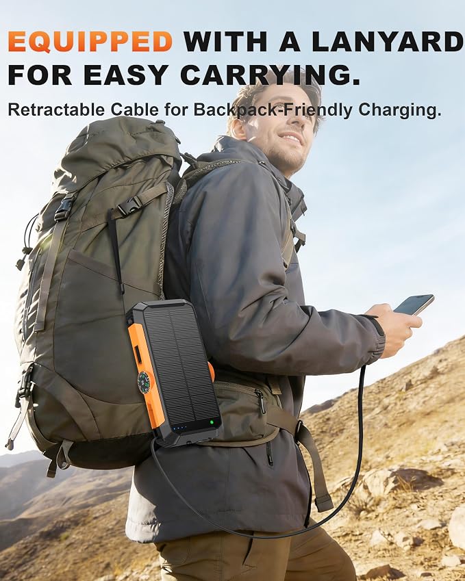 Solar Power Bank with Hand Crank and Retractable Cables, 20000mAh Wireless - Image 9