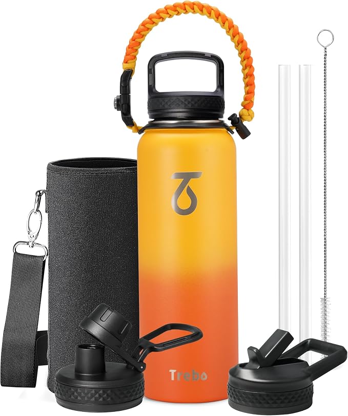 Trebo 40oz Water Bottle with 3 Lid and handle, Vacuum Insulated Stainless Steel by StayHotStayColdStayGreen