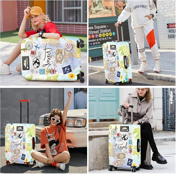 ANNA QUEEN Travel Collage Luggage Cover, World Map & Sticker Style Suitcase - Image 6