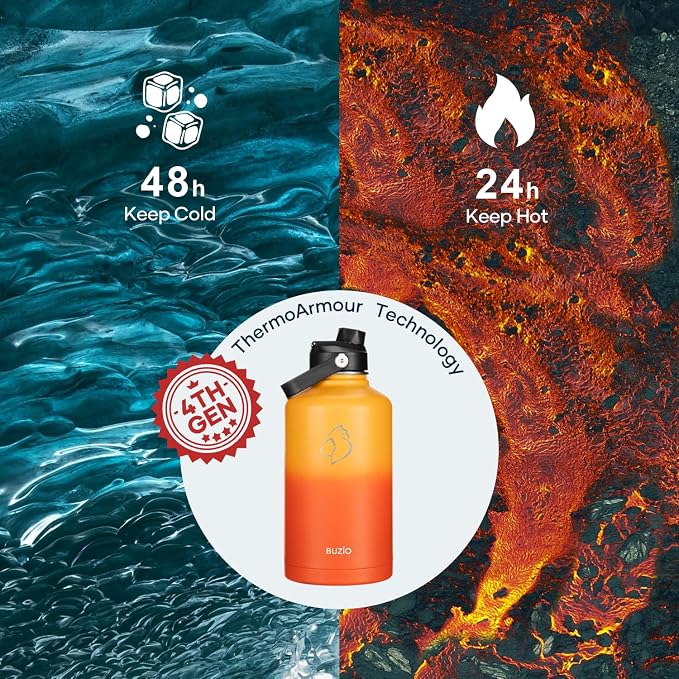 BUZIO 64oz Water Bottle, Triple Wall Insulated Stainless Steel Leakproof Half - Image 2