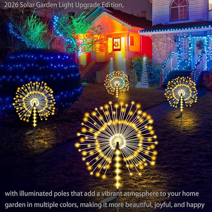 2 Pack 250LED Solar Garden Lights Outdoor, Dual Lighting Modes Firework Lights - Image 2