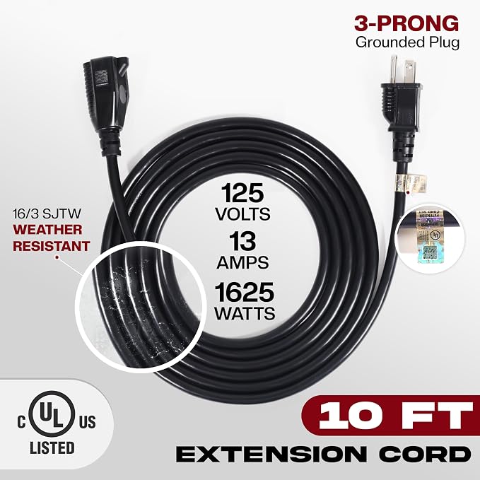 10ft Black Extension Cord, 16/3 SJTW Heavy-Duty, Weather-Resistant Power Strip - Image 2