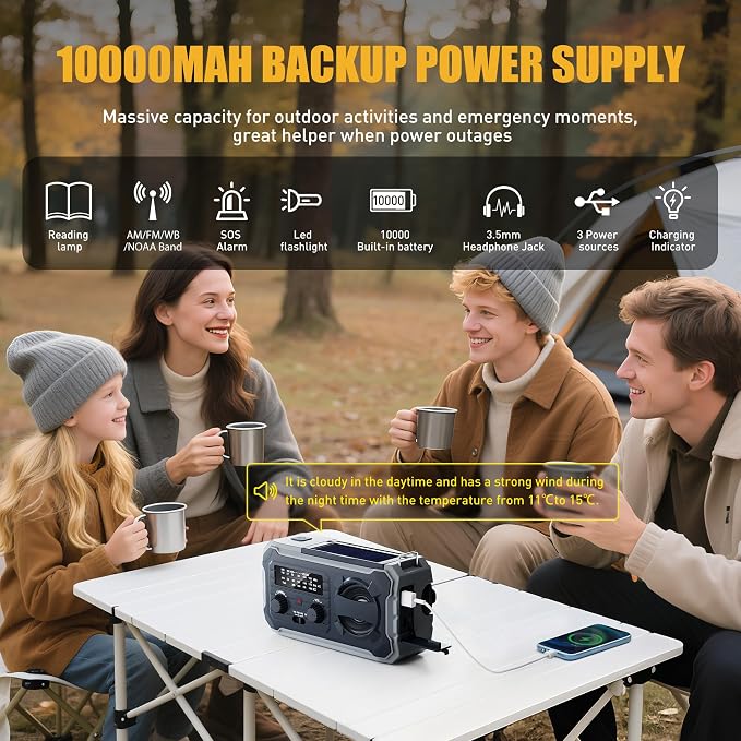 Hand Crank Emergency Radio, 10000mAh Weather Radio - Image 2
