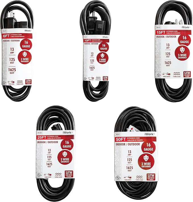 25 Ft Black Extension Cord 3 Prong, Weather-Resistant 16/3 SJTW, 1625 Watt - Image 8