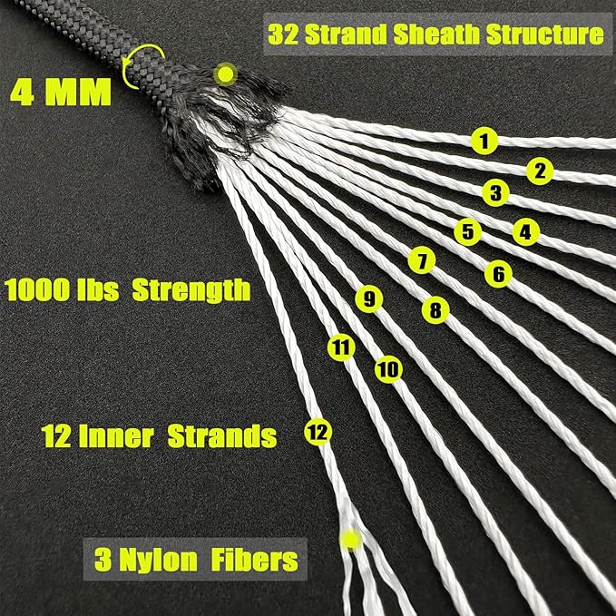 VVAAGG 1000 Paracord Rope 200FT Utility Parachute Cord 4mm 12 Strand Nylon Rope - Image 2