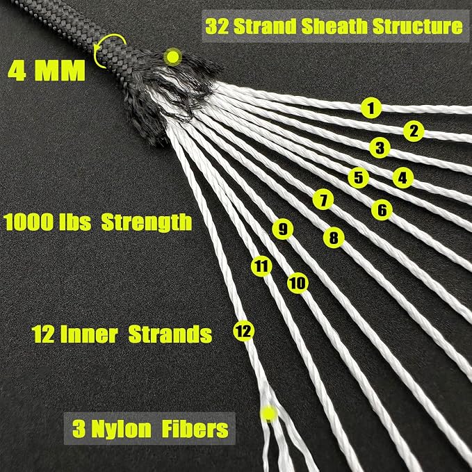 VVAAGG 1000 Black Paracord Rope 100FT Utility Nylon Heavy Duty 12 Strand - Image 2