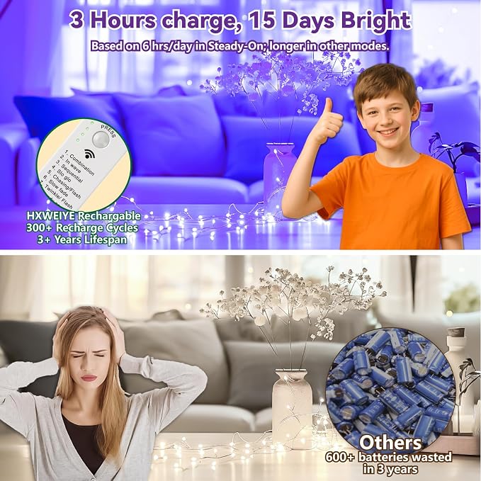 HXWEIYE Rechargeable Fairy Lights Battery Operated, DIY Timer & 8 Modes - Image 3