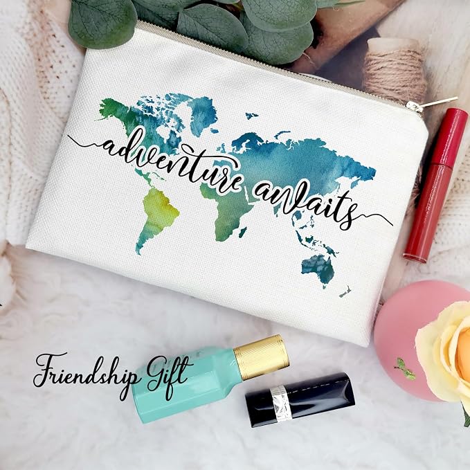 Travel Bag Adventure Awaits Makeup Case Cosmetic Bag Nature Linen World Map - Image 9