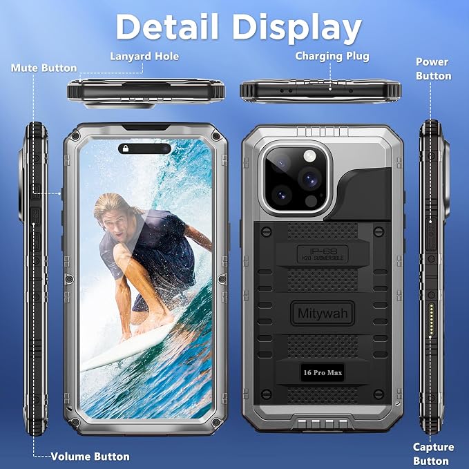 Mitywah Waterproof Case for iPhone 16 Pro Max, Heavy Duty Metal Cover - Image 8