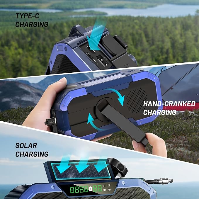 Bluetooth Hand Crank Emergency Solar Powered Radio, Waterproof Portable NOAA - Image 6
