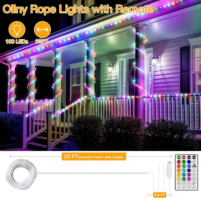 Ollny Rope Lights Outdoor Color Changing, 33FT 100 LED Waterproof Plug in - Image 2
