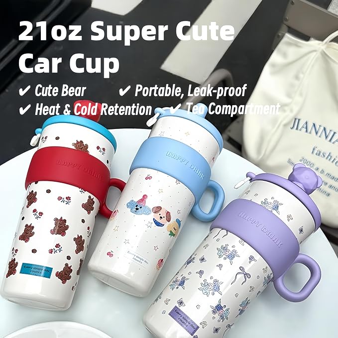 21oz Cute Bear Car Cup with Straw & Cap, Leak-Proof Portable Mug with Tea - Image 2