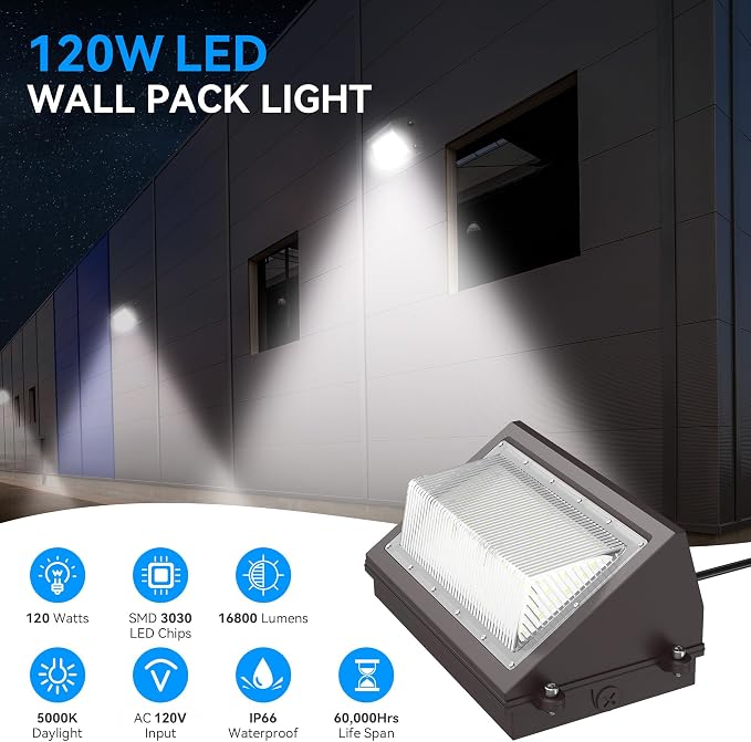 120W LED Wall Pack Light with Dusk-to-Dawn Sensor, 16800LM 5000K LED Security - Image 3