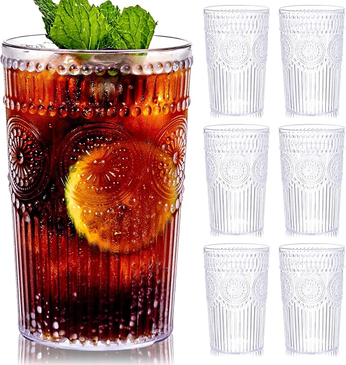 Ciaell 12 Pack Romantic Plastic Water Glasses - 14 Oz Clear Vintage Drinking by Ciaell