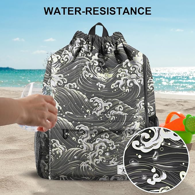 Drawstring Backpack with Mesh Pockets String Gym Bag Sackpack Sandproof Water - Image 3
