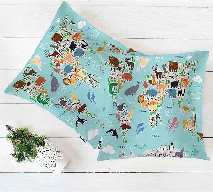 Swono World Map Throw Pillow Covers, Cartoon Forests Animal Map of The World - Image 5