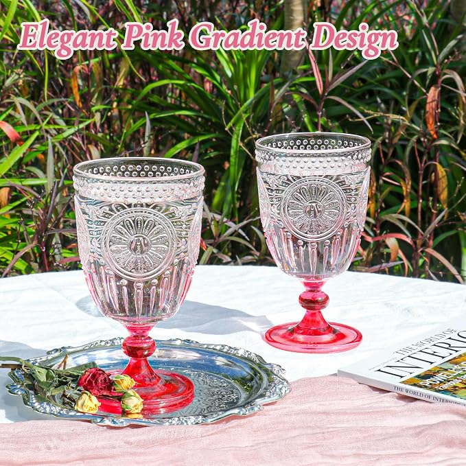 XUWAIDSGN 24Pcs Plastic Vintage Wine Glasses 13.5oz Reusable Embossed Goblet - Image 3