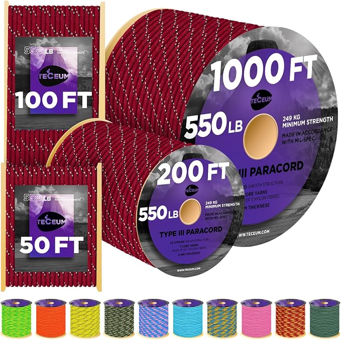 TECEUM 5/32" Paracord Rope 1000 – 1000ft / 200ft / 100ft / 50ft – Tactical by TECEUM