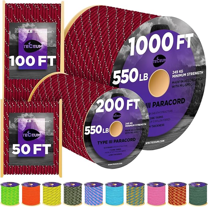 TECEUM 5/32" Paracord Rope 1000 – 1000ft / 200ft / 100ft / 50ft – Tactical by TECEUM