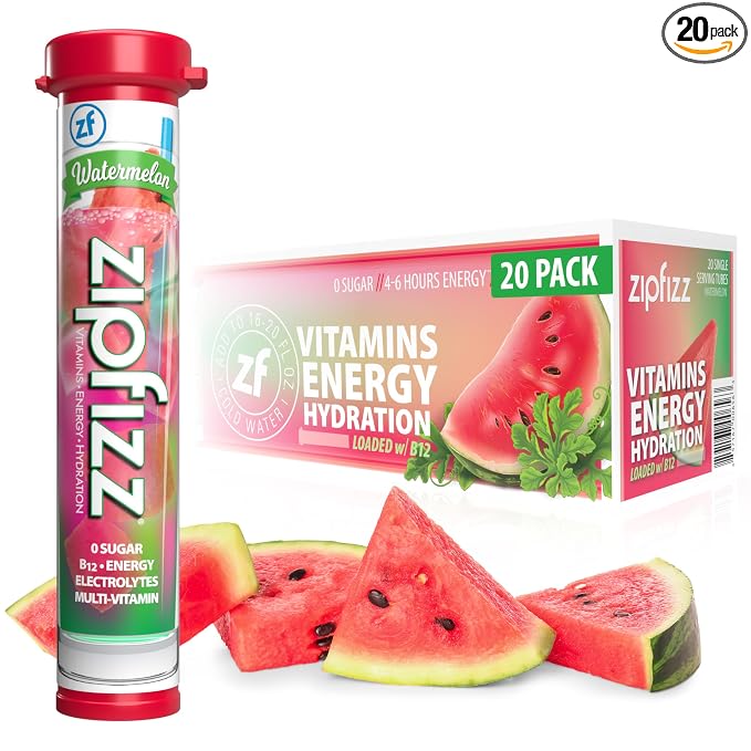 Zipfizz Daily Energy Drink Powder, Watermelon, 20 Pack | 3-in-1 Sustained Energy by Zipfizz