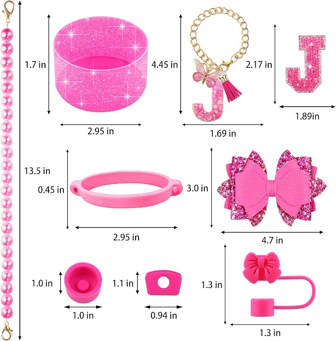 9PCS Hot Pink for Stanley Cup Accessories Set Bling Initials Bow Charms for - Image 3