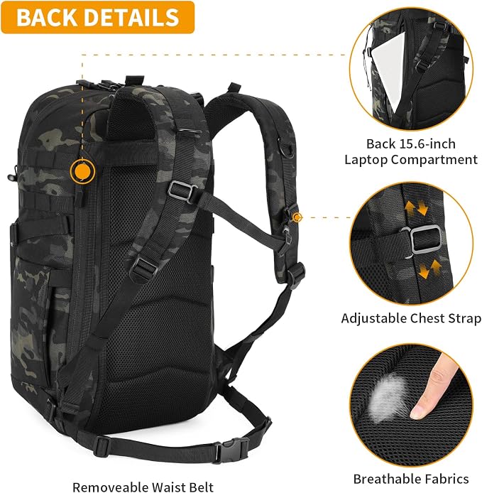 HUNTVP Tactical Backpack for Men 35L Military Backpack MOLLE 1000D Army Daypack - Image 3