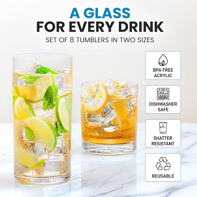Zulay Kitchen Plastic Drinking Glasses – Mixed 16oz & 12oz Acrylic Shatterproof - Image 2