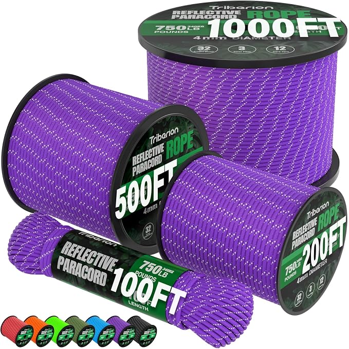 Reflective Paracord Rope 750 lb - 200ft 5/32" Parachute Cord 4MM 12-Strand para by Triberion