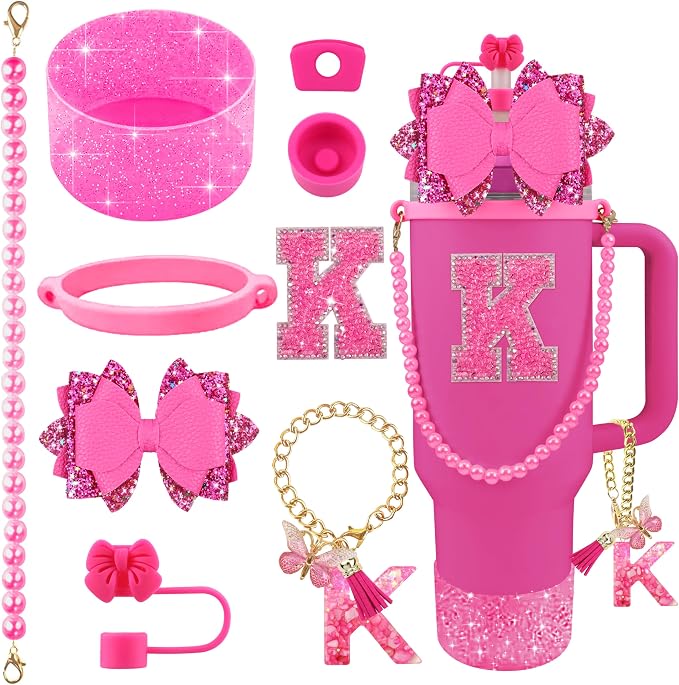 9PCS Hot Pink for Stanley Cup Accessories Set Bling Initials Bow Charms for by Unknown
