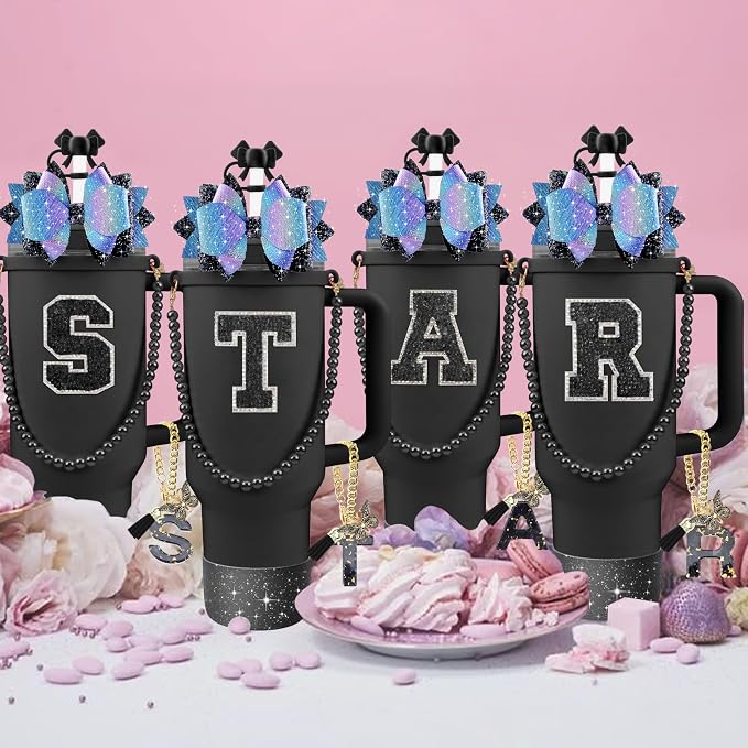 9PCS Black for Stanley Cup Accessories Set Bling Initials Bow Charms for - Image 7