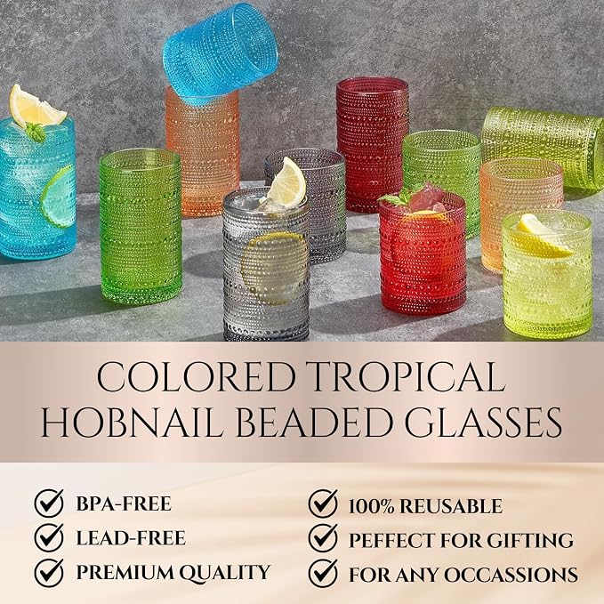 Khen Hobnail Beaded Highball Drinking Tumbler Glasses | Set of 12 | Autumn - Image 2