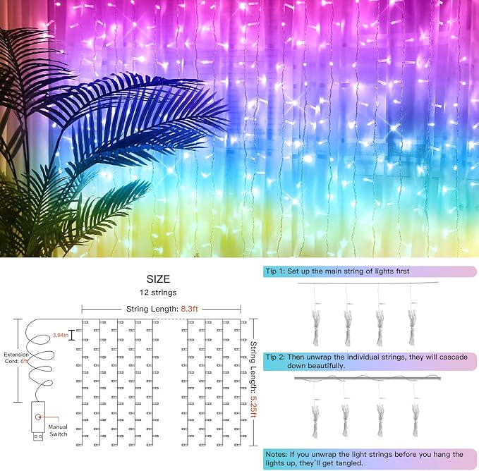 suddus Curtain Lights for Bedroom, 192 Led 8.3ft x 5.25ft Hanging String Lights - Image 5