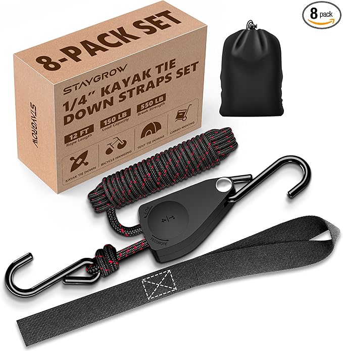 Kayak Straps Tie Downs 8 Pack Set, Roof Rack Straps Adjustable Ratchet Tie Down by STAYGROW