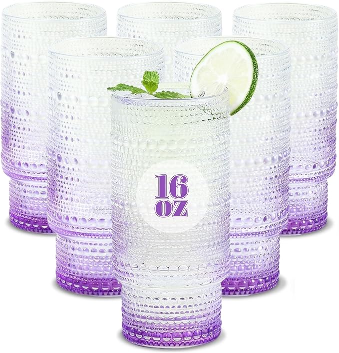Large Capacity 16 oz Hobnail Drinking Glasses Set of 6, Vintage Glassware by Cowjut