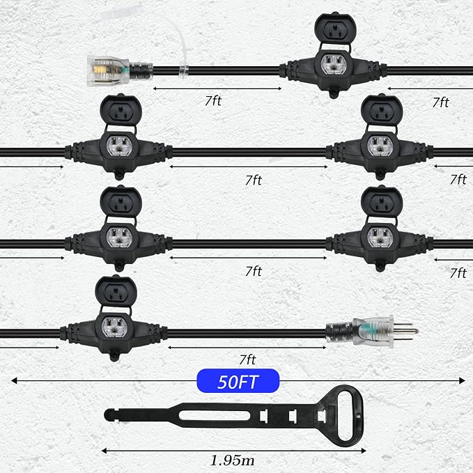 50FT 16 Gauge Outdoor Extension Cord, 7 Spaced Outlet Cable.Multi Outdoor - Image 2