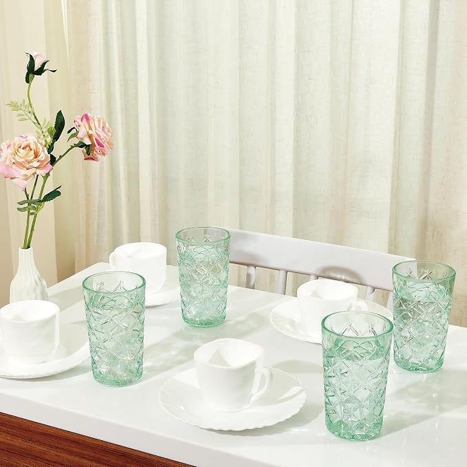 CREATIVELAND Drinking Highball Glasses Set of 4, Vintage Cross Hatch Glass Cups - Image 6