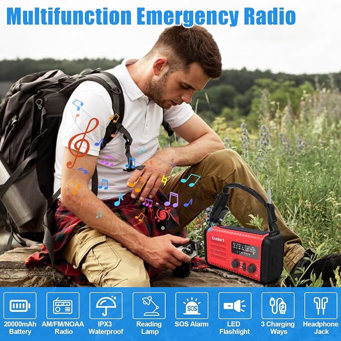 20000mAh Emergency Weather Radio, Solar Hand Crank Portable AM/FM/NOAA Radio - Image 9