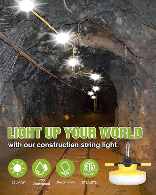 100FT Construction String Lights 3Prong Temp Lighting, 130W 16000LM Industrial - Image 2