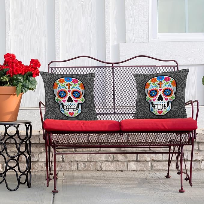 Swono Sugar Skull Set of 2 Square 18x18 Inch Throw Pillow Cover Mexican Day of - Image 4