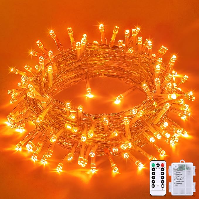 JMEXSUSS 33ft 100 LED Orange Christmas Lights, Battery Operated Christmas Lights by JMEXSUSS
