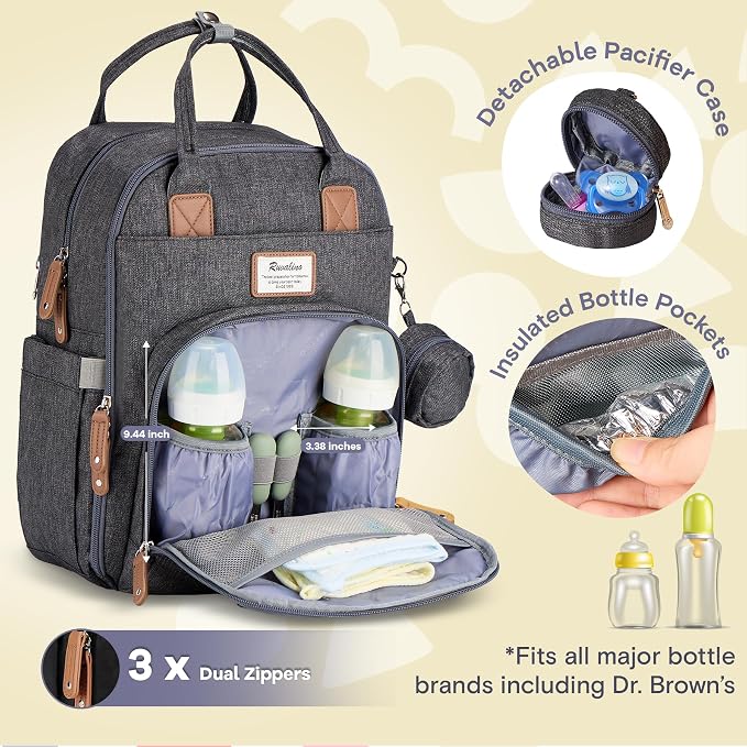 RUVALINO Diaper Bag Backpack, Large Capacity, Waterproof, Dark Gray - Image 2