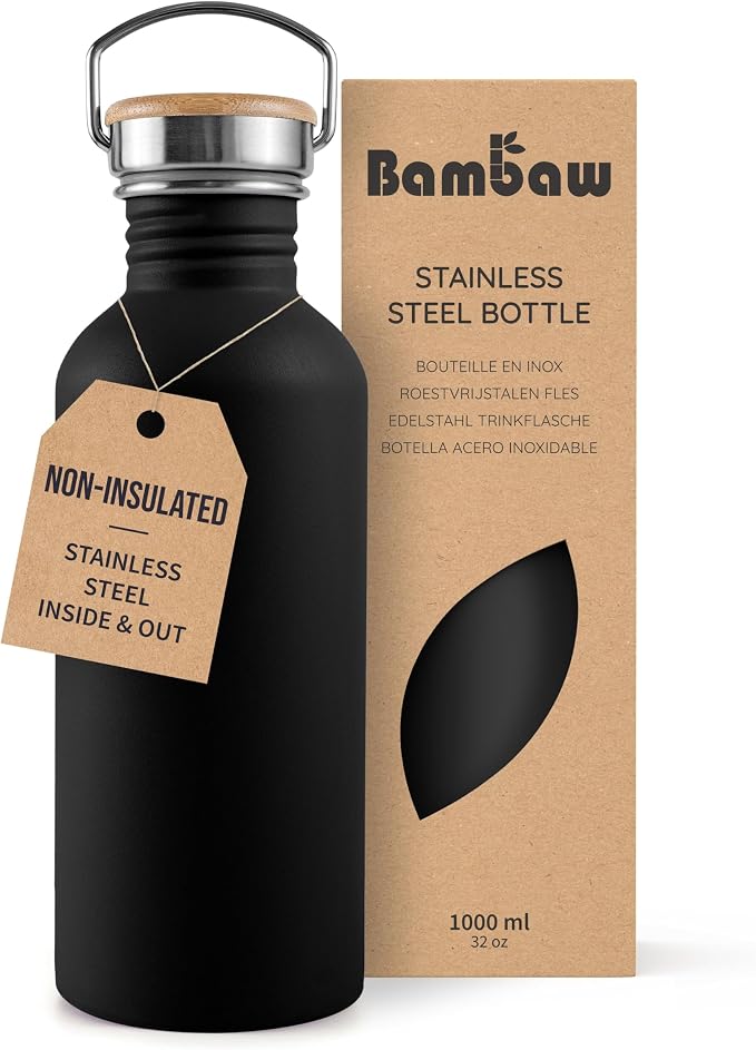 Bambaw Stainless Steel Water Bottle, Non-Insulated Water Bottle, 1L Stainless by Bambaw
