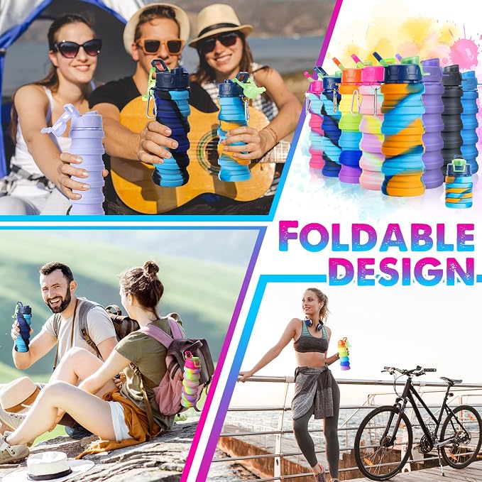 8 Pcs Collapsible Water Bottles Silicone Travel 16 oz Reusable Leakproof - Image 2